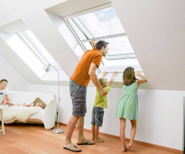 Mann mit einem Mädchen und einem Jungen schauen aus dem Inneren eines Dachfensters mit Insektenschutz.